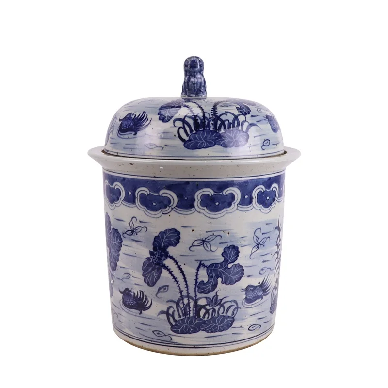 RXBN15-A unique blue and white lotus and mandarin duck pattern porcelain jar for home decoration