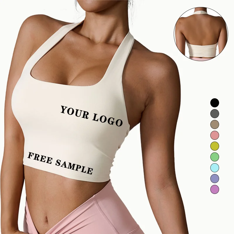 Wholesale Customization Gather Running Fitness Hanging Neck Vest Sexy Sports Yoga Bra Hanging Neck Seamless Sports Bra For Women