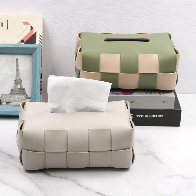 Stocked Hand-Woven Tissue Box PU Leather Light Luxury Textured Plaid Napkin Holder Waterproof Check Pattern Tissue Case For Home
