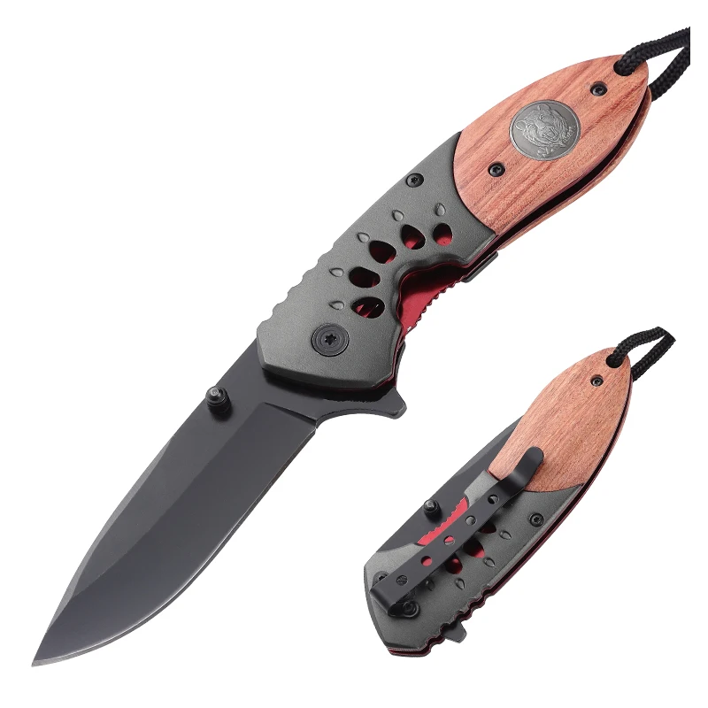 Strongly recommend wooden folding pocket knife red lining with bear badge bear footprint design grey titanium steel head