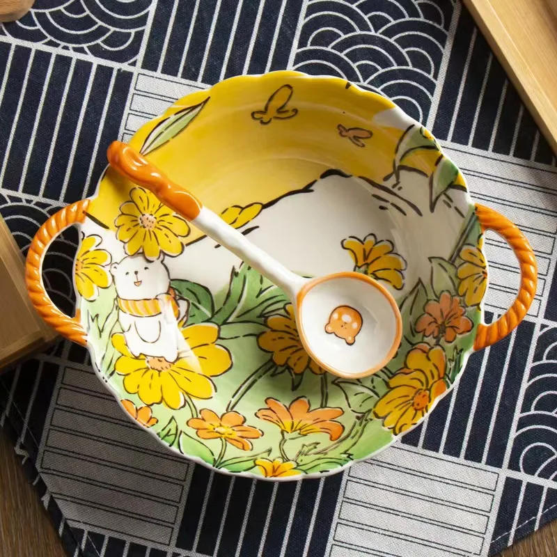 ins flutter butterfly pink rabbit double ear bead soup bowl household fruit and vegetable salad bowl