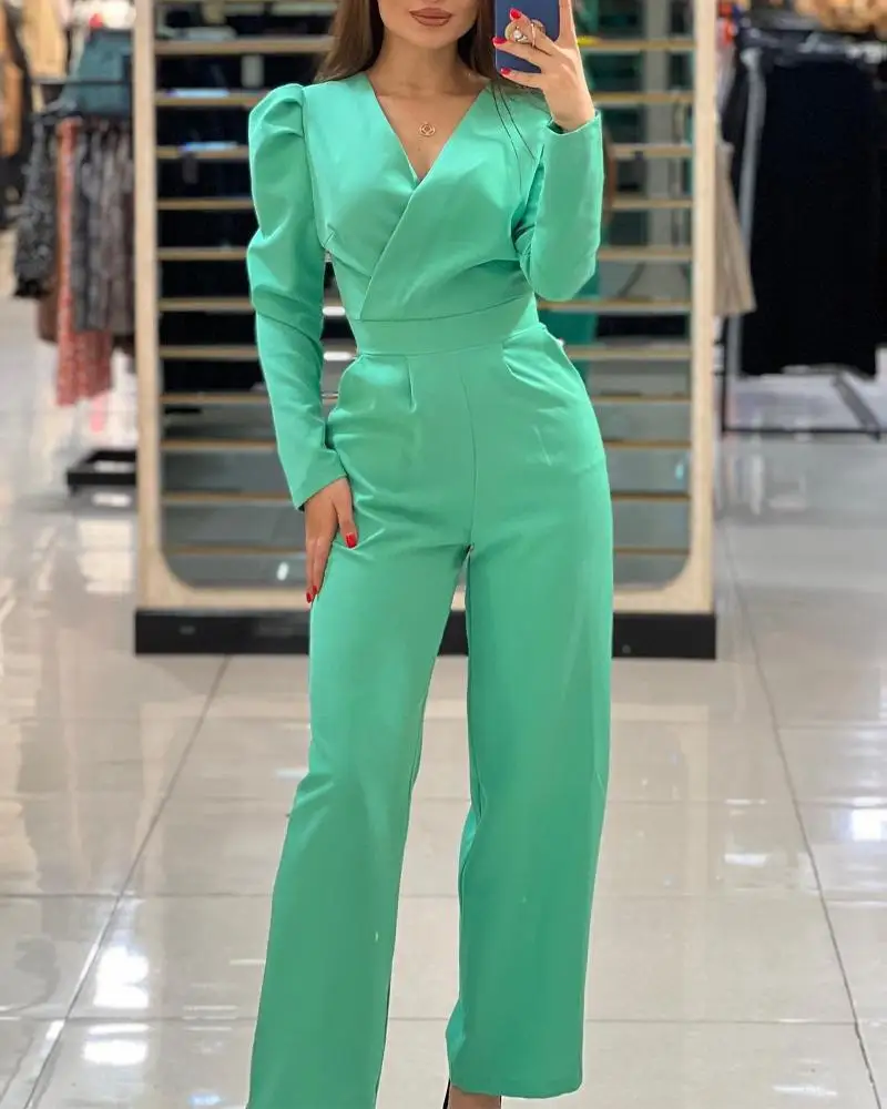 Spring and Autumn European and American Style Solid Color Bubble Sleeve Commuter Jumpsuit
