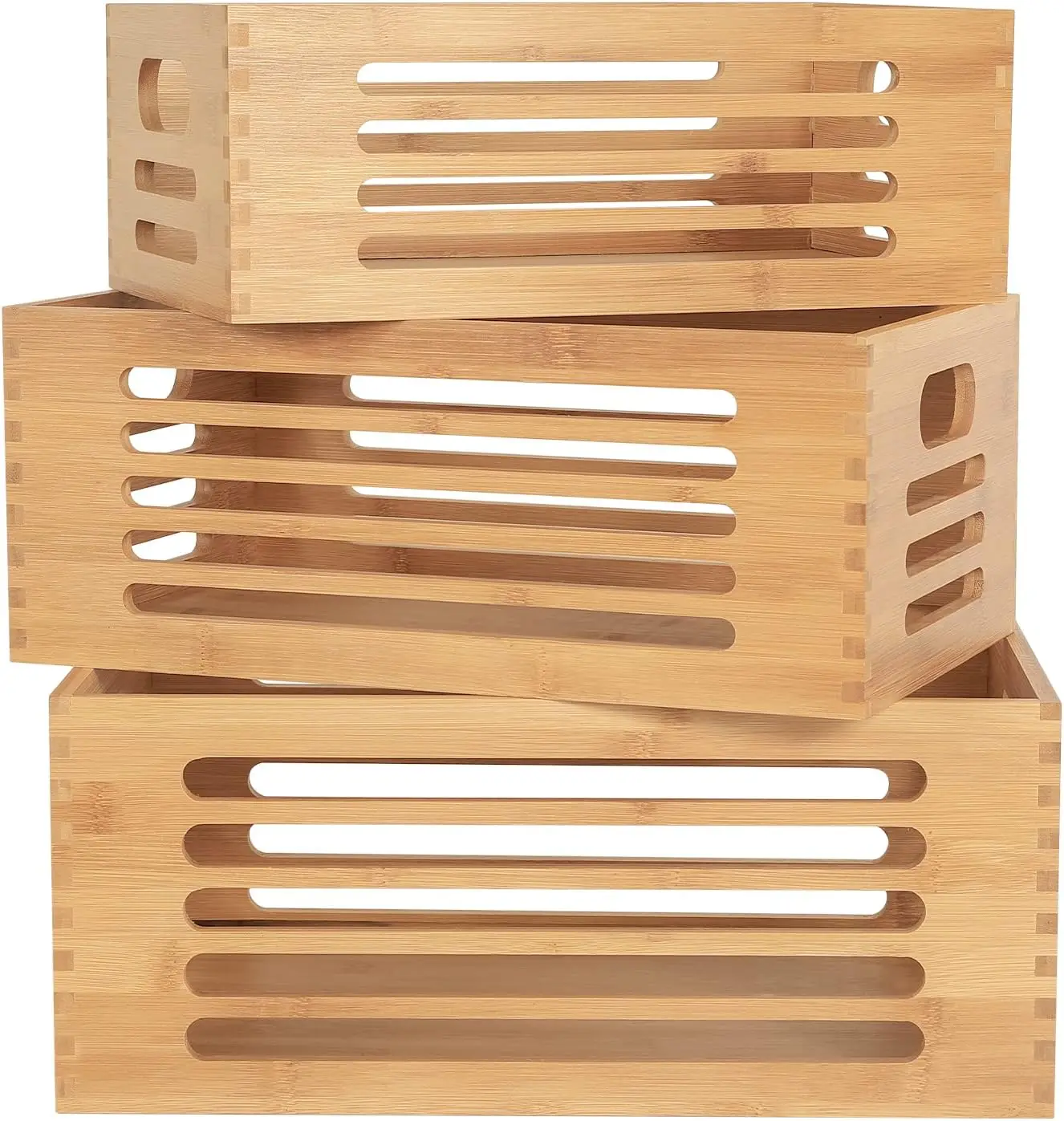 High Quality 3PCS Bamboo Wood Storage Bins Natural Wooden Boxes Crates for Storage with handle