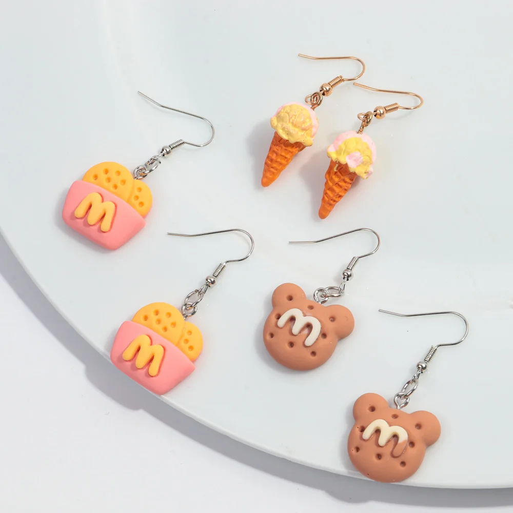 Cartoon Cute pink Bear chocolate chip cookie toast breakfast Fried egg Resin Ice Cream Mini 3D Jewelry acrylic drop earrings