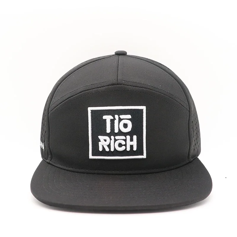 Custom 7 Panel Flat Bill Laser Cut Performance Waterproof black Baseball Cap High Quality Unisex  Hat & rubber logo