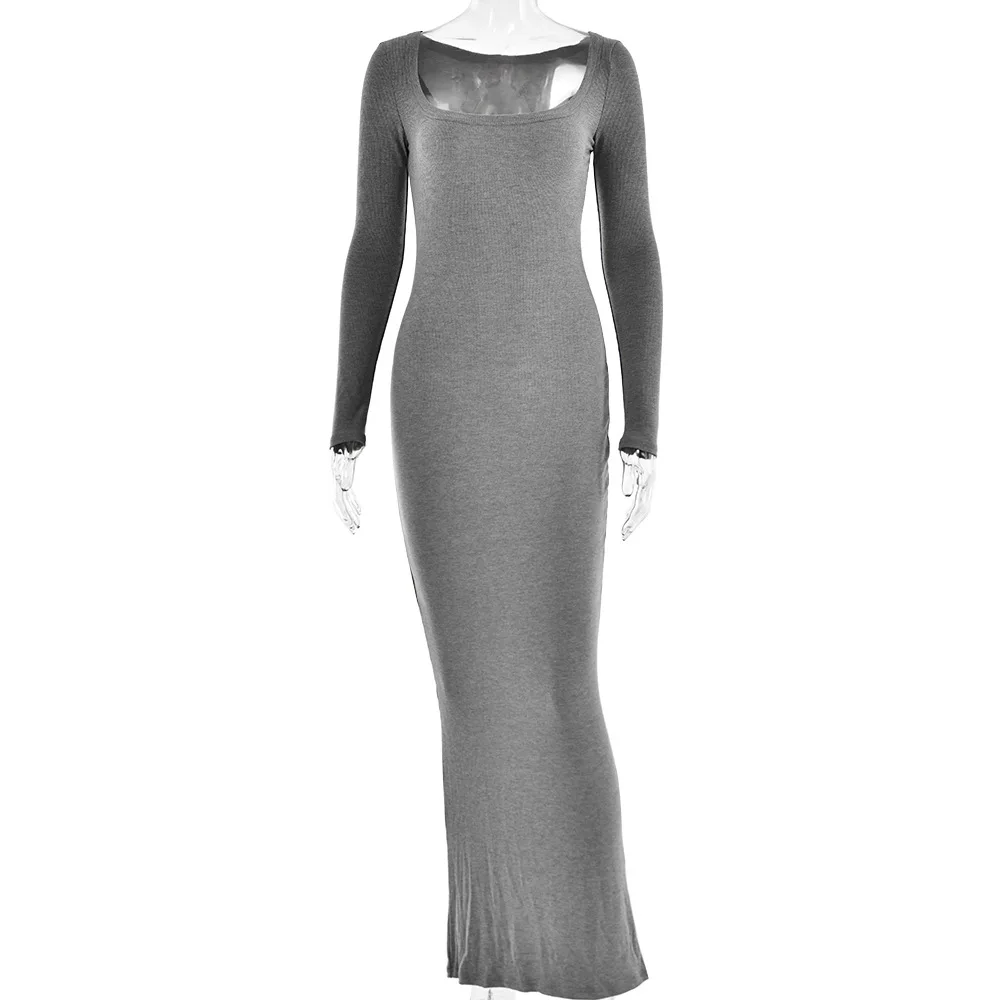 faldas para ropa de mujer poly spandex ribbed long sleeves scoop neck long maxi dressed prom evening night dresses for woman