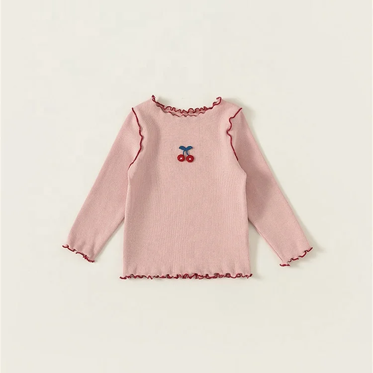 Toddler Kid Baby Girl underwears Autumn Basic Top Embroidered Cherry Cute Sweet Stretch Tee Children Elastic Bottoming Shirt