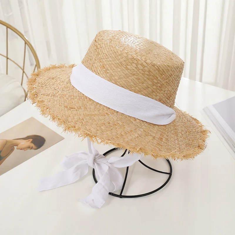 Wide brim flat top summer beach hats women raffia straw hat with ribbon