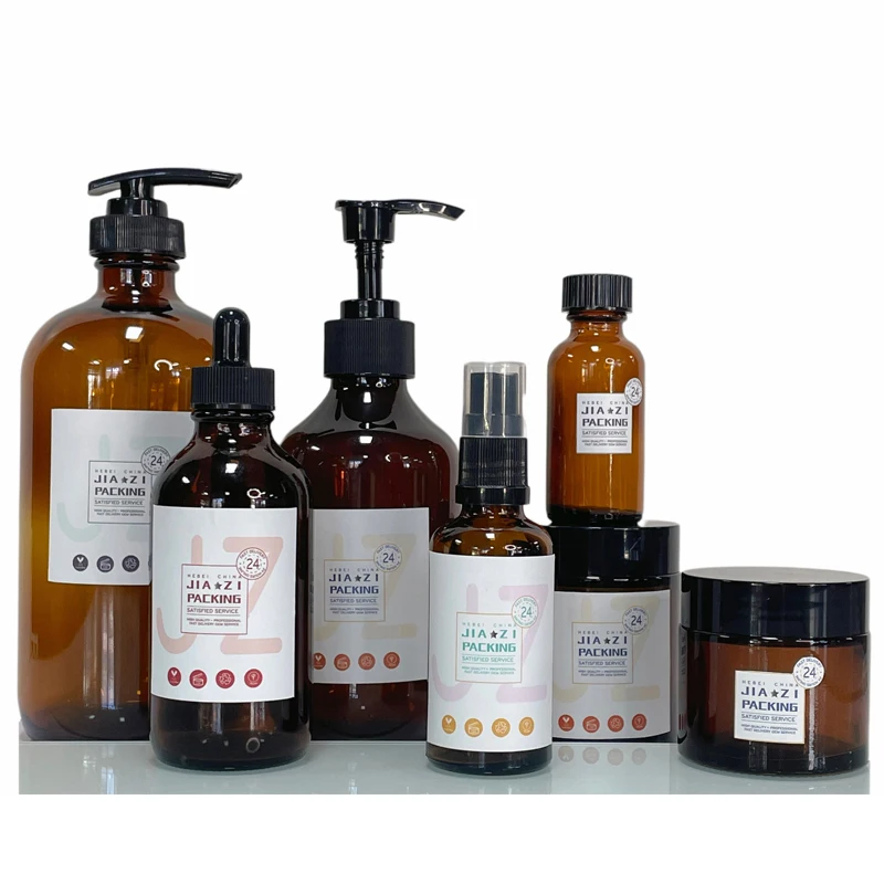 Glass shampoo bottle hair conditioner glass jars set empty amber glass boston bottle and straight side jar set