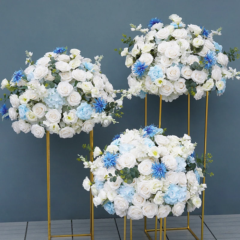 60cm 3/4 White Blue Wedding Table Centerpiece Ball Rose Chrysanthemum Eucalyptus Leaf Flower Ball Event Banquet Road Lead Props