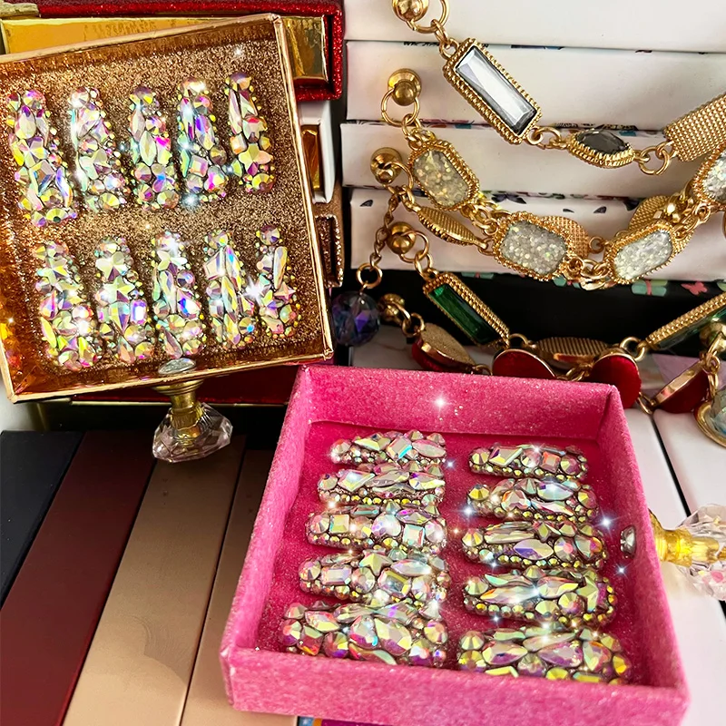 Luxury designer press on nails with rhinestones artificial fingernails french on false nails with stones