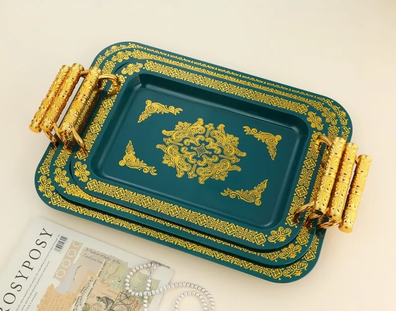 3-Piece Set Gold Borders Tray Square Luxury Arabic Tray for Tea Food Dessert Chocolate Serving Decorative Trays Home Decor