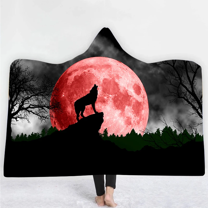 Custom design Hot sale digital print print wearable Soft warm Fleece Velvet Galaxy wolf hooded blanket