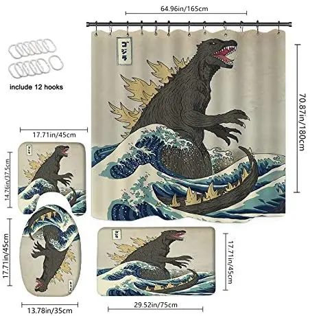 Водонепроницаемая душевая занавеска из полиэстера 4 шт. с принтом Godzilla для ванной