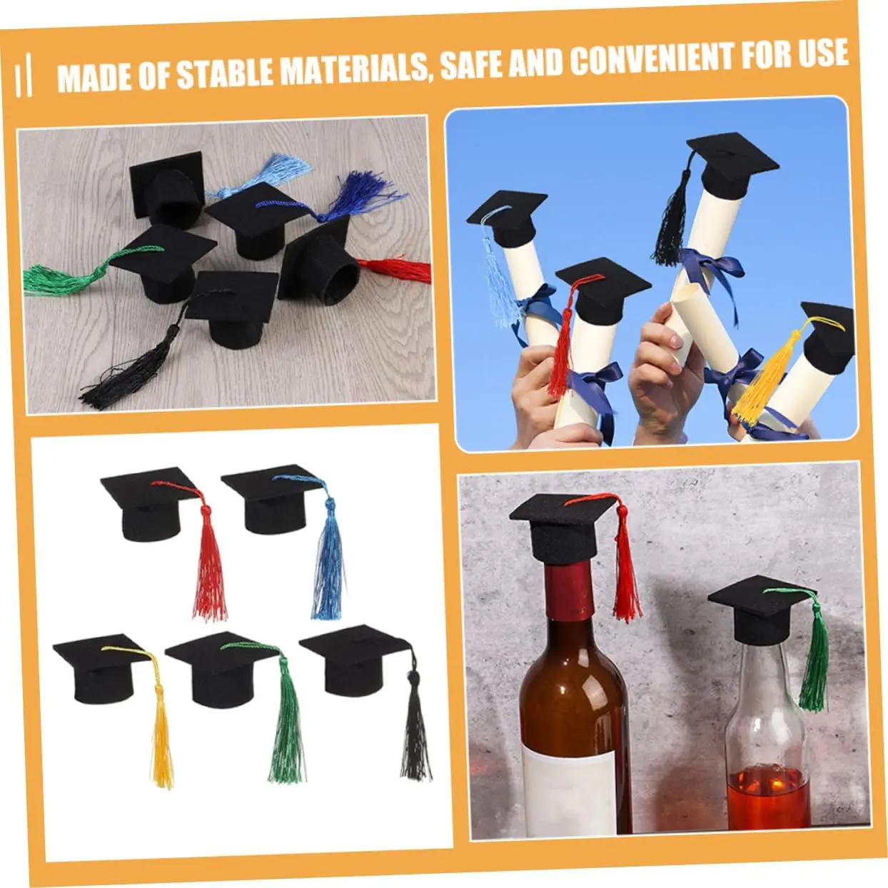 Mini Cute Graduation Cap Wine Bottle Toppers Covers Mini Decorative Hat with Tassel for Home Graduation Party