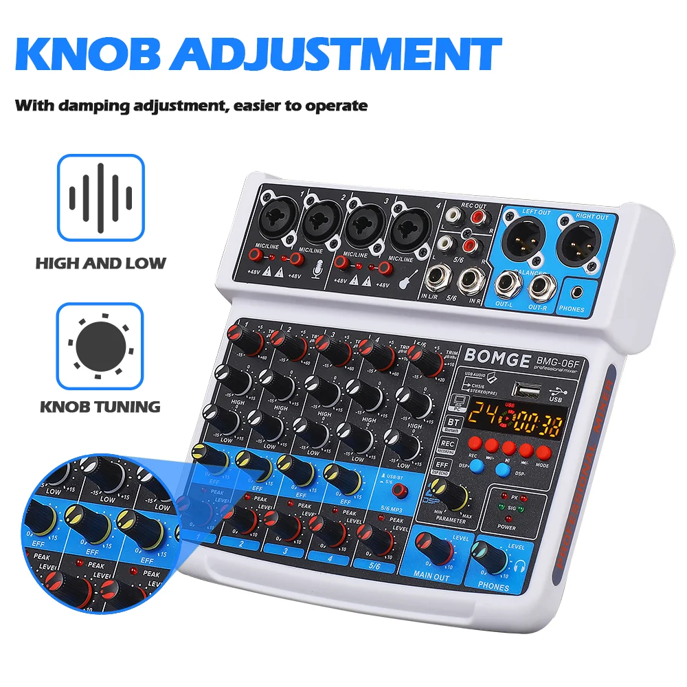 BMG-06F 6 Input Audio Mixer 6 Channel Analog Mixing Console with USB,48V,24 DSP