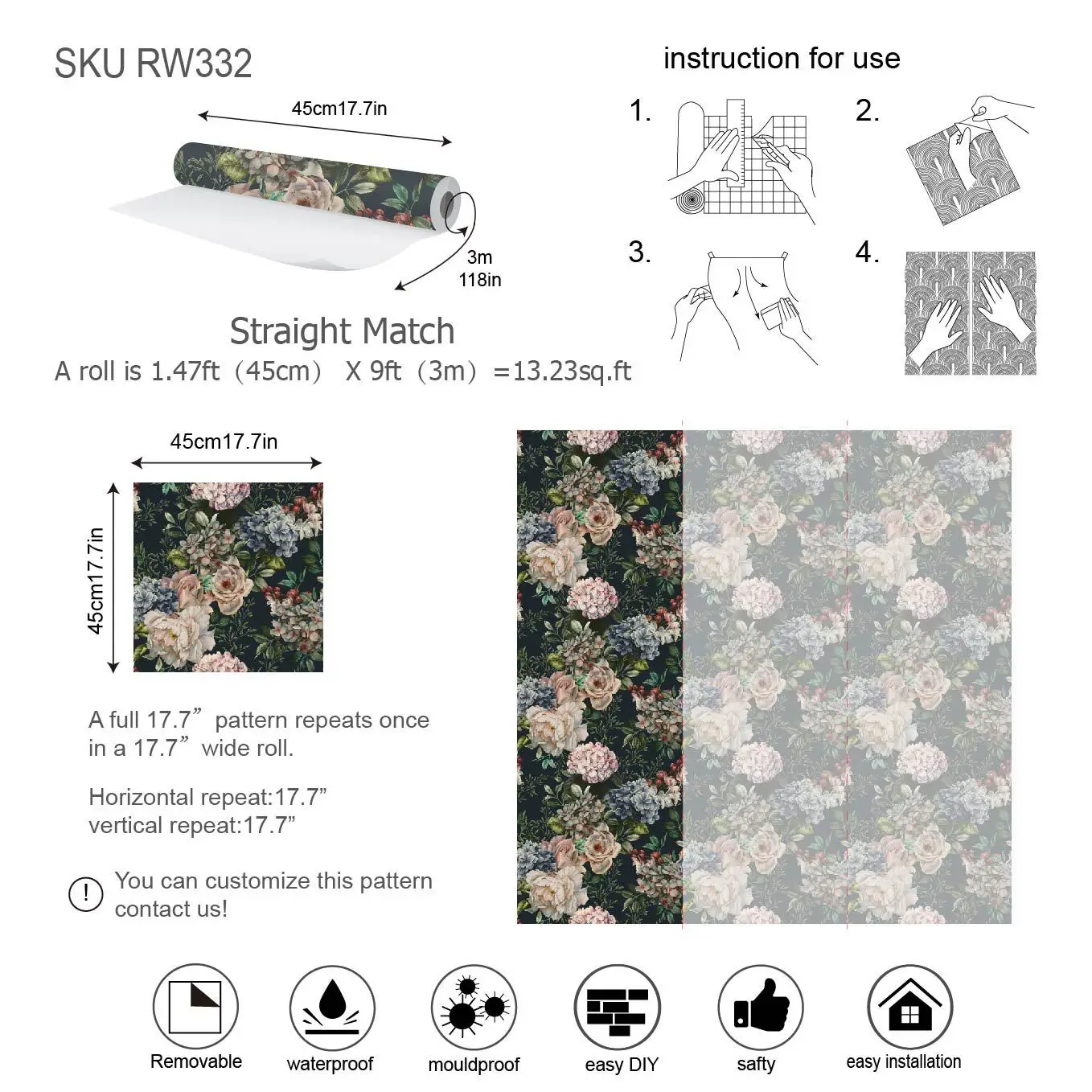 Dark flowers green plants, retro self-adhesive wallpaper foreign trade hot selling removable dormitory renovation murals