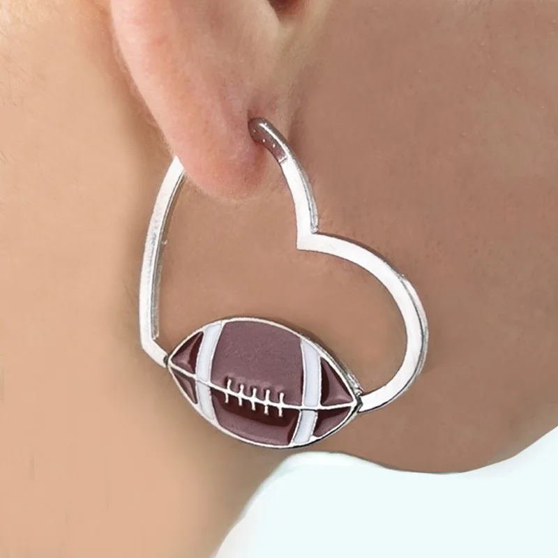 Sports Game Theme Large Dangle Earrings Statement Basketball Rugby Baseball Football Silver Heart Hoop Earrings