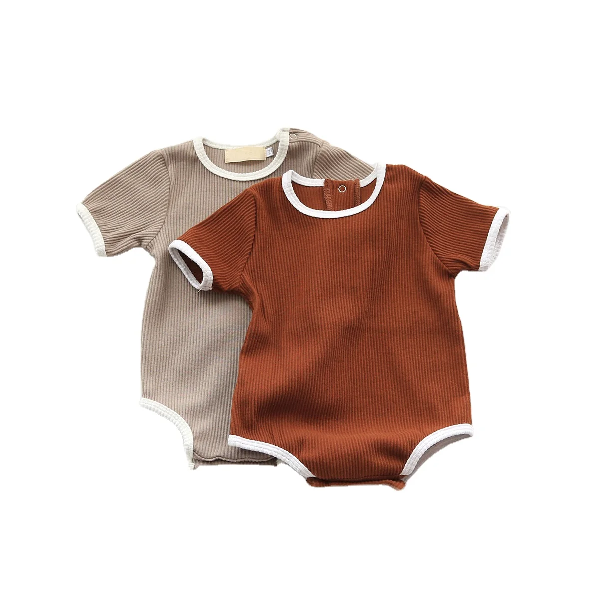 Ribbed Short Sleeve Back Snap Baby Rompers Paneled Edge Crewneck One Piece Infant Jumpsuit