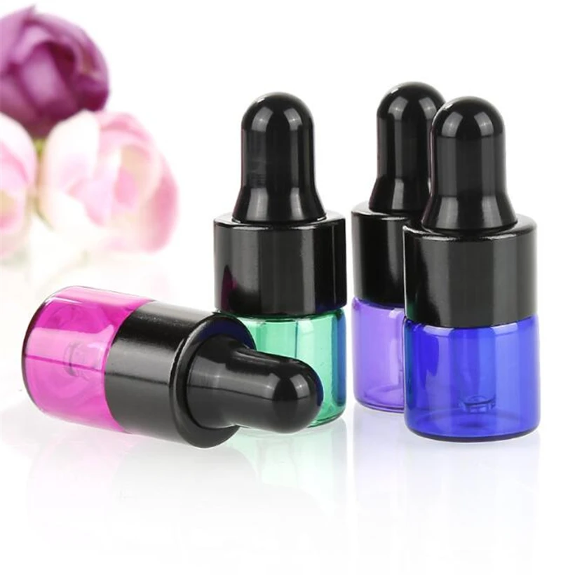 Стеклянная бутылка-капельница 1 мл, 2 мл, 3 мл, пробные флаконы с черными колпачками-капельницами для ароматических эфирных масел, косметическая бутылка