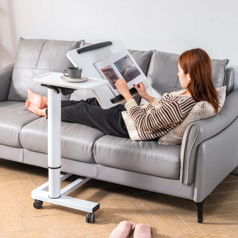 Adjustable Pneumatic Metal Study Desk Movable Table Top Sit-Stand Computer Desk with Wheels for Office Home Hospital Use