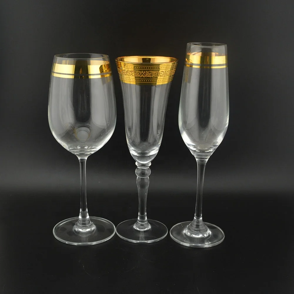 Custom hand blown luxury glass wine glass goblet with gold rim decoration