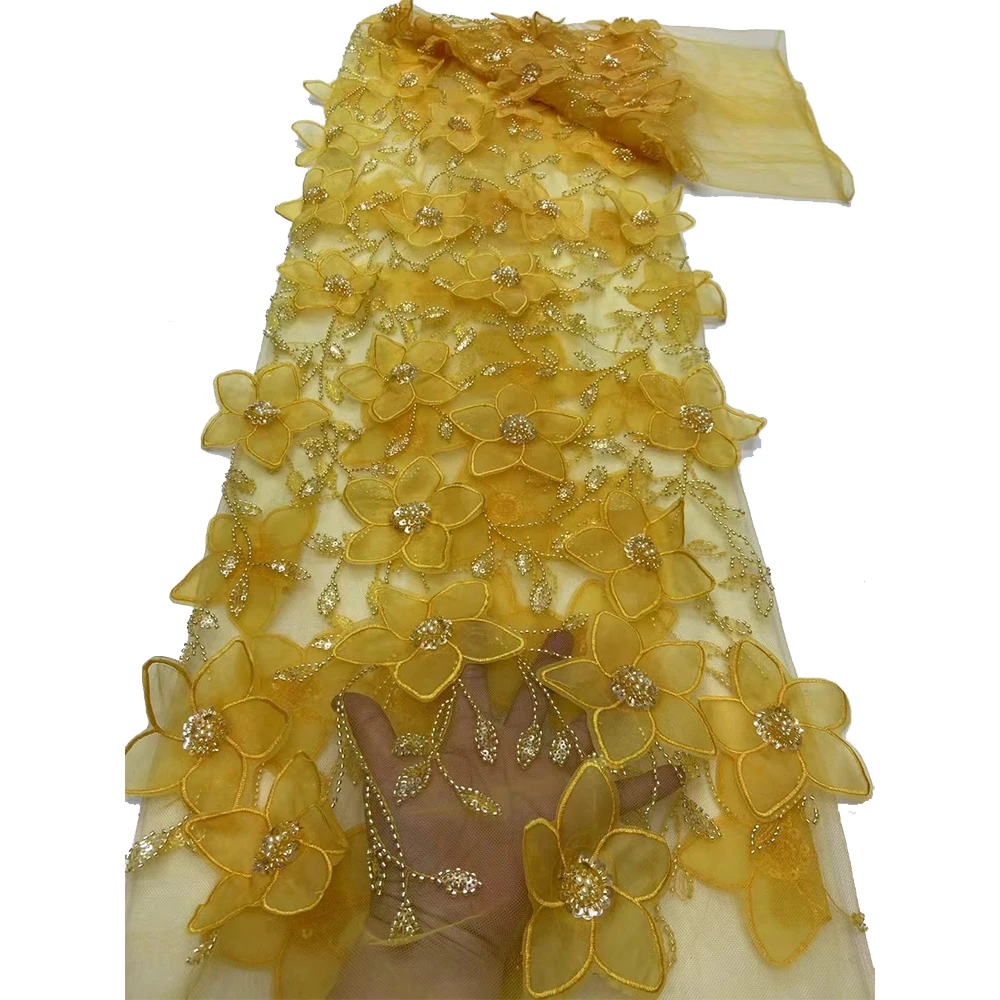 NI.AI Luxury Yellow French Lace Fabrics For Wedding Dress New Design Embroidery Beaded Tulle Net Lace Fabrics With Sequins