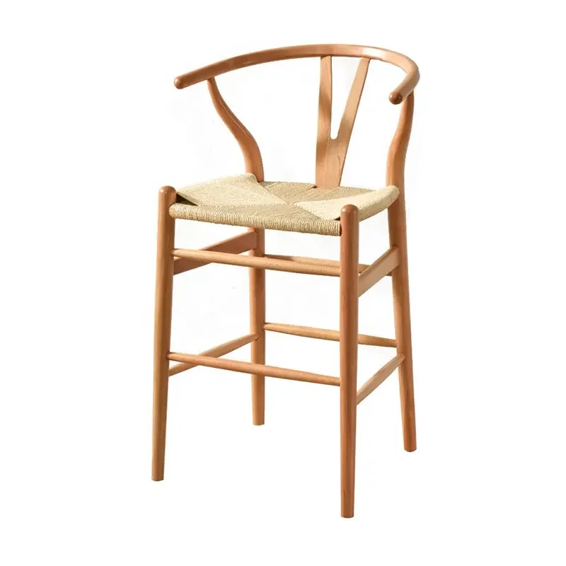 Wholesale high quality Factory Rope Woven Seat Brown Wooden Wishbone Bar Stools Dining Bar High Chair With Arms