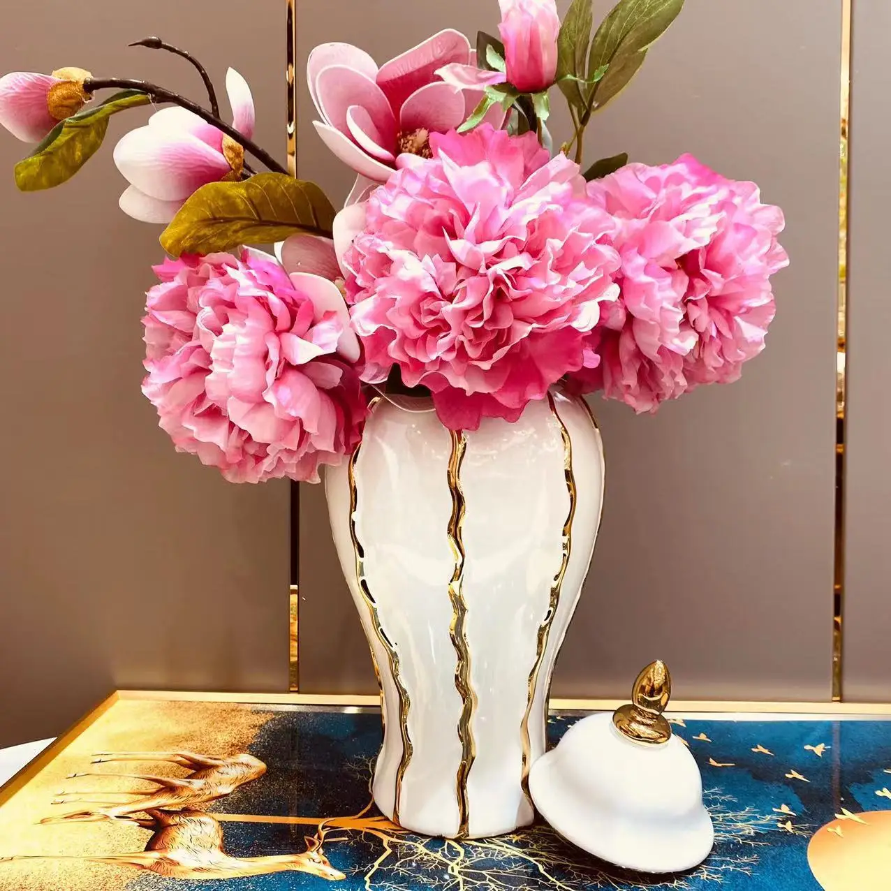 Ceramic Ginger Jar  Hot Sale Custom White and Gold Electroplating Large Tall Decorative Jar vase For Flower