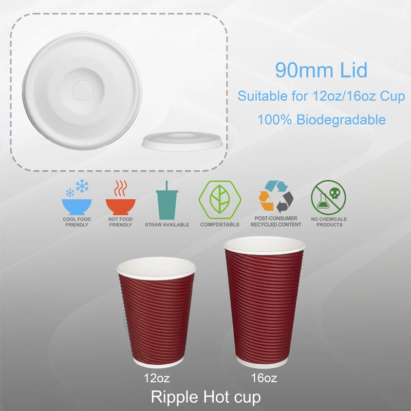 90mm Sugarcane Bagasse Dome Lid Eco Friendly Disposable Coffee Cups Lids Take Away Packaging Paper Cup Lid Cover