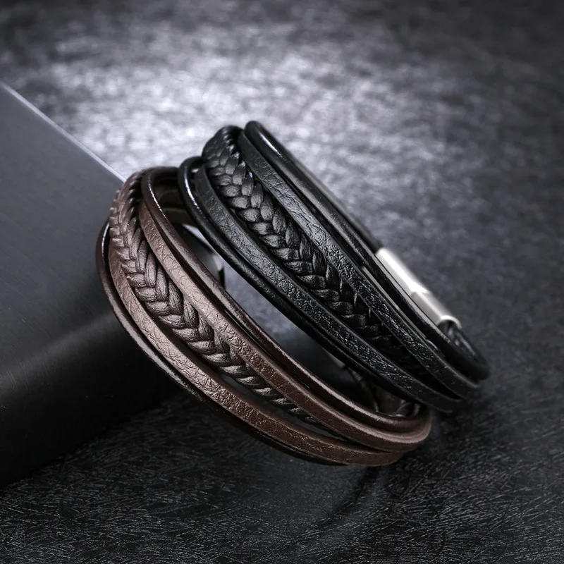 
Simple Multilayer Stainless Steel magnetic Clasp fashion Mens Jewelry leather bracelet 
