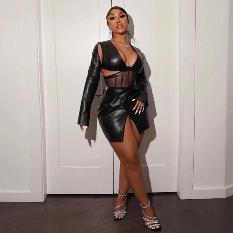 WT046 women fall fashion sexy mesh low-cut Fishbone corset hip-like leather dress