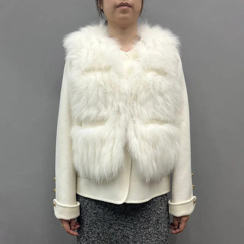 Jancoco Women Real Cashmere Wool Coat Cropped Woolen Coat With Fox Fur Vest