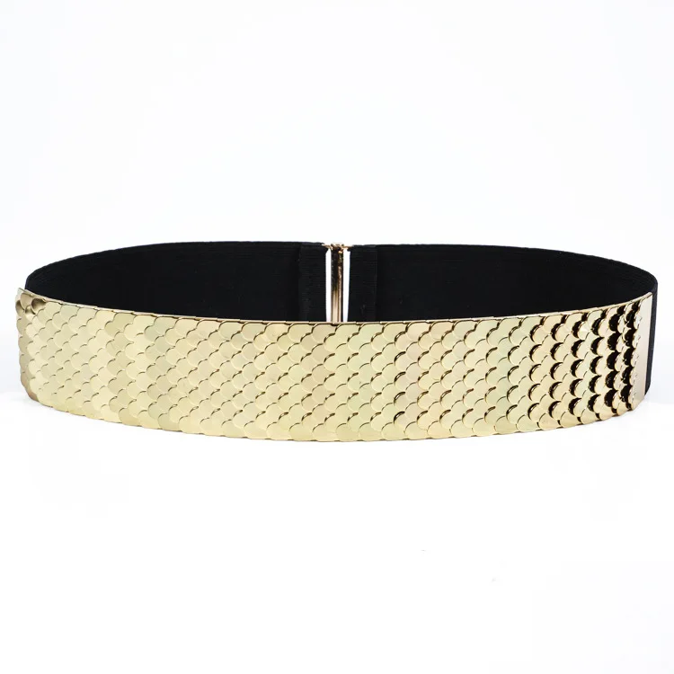 Womens Elastic Stretch Belt Metal Shiny Fish Scale Style Waist Band Cummerbund