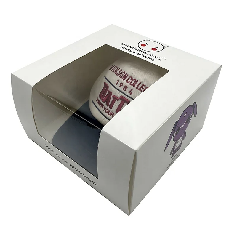 Wholesale White Snapcap Box with Window Custom Logo Peaked Cap Headgear Box Brand Print Design Baseball Cap Boxes for Hat Pack