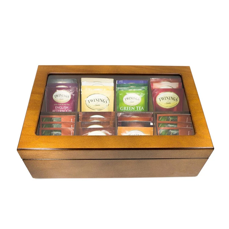 Hot sale storage chest 8 compartments glass window wooden wood bamboo tea box with tea
