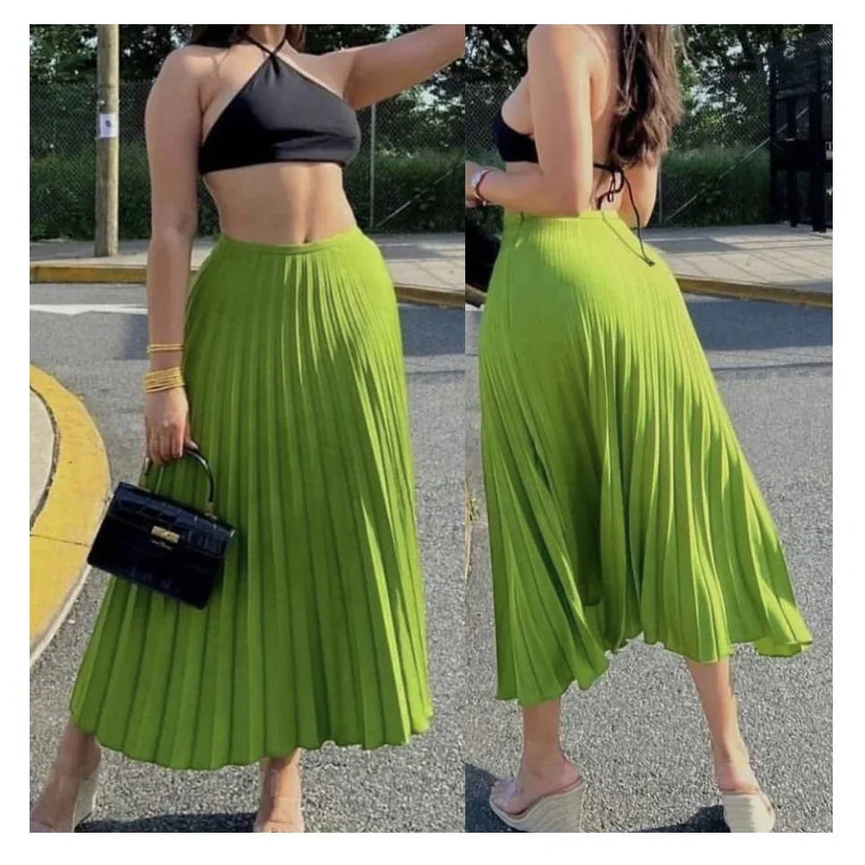 Fall winter fashion casual ladies elegant silk satin feeling long skirts for women plain high waist midi pleated skirt