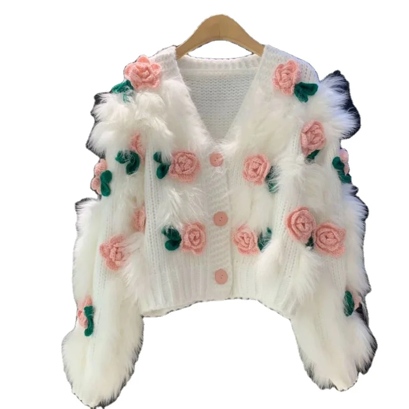2023 Autumn/Winter New Gentle Soft Glutinous Sweater Embroidered 3D Rose Knitted Cardigan Top for Women