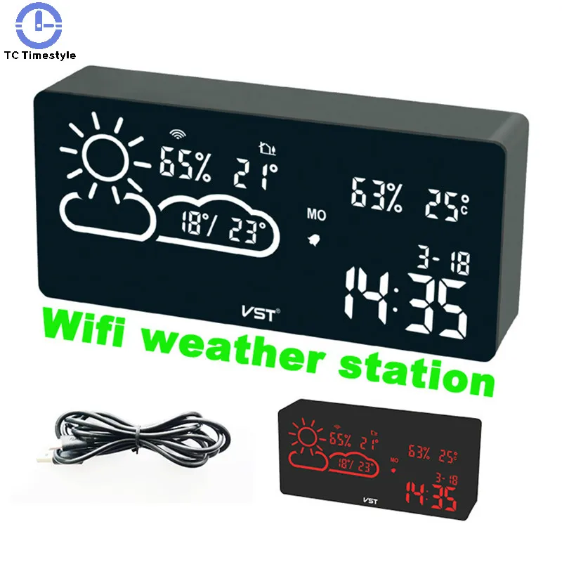 Alarm Clock Wifi World Time Weather Forecast Temperature And Humidity App Smart Wireless Connection Led Silent Snooze Electronic