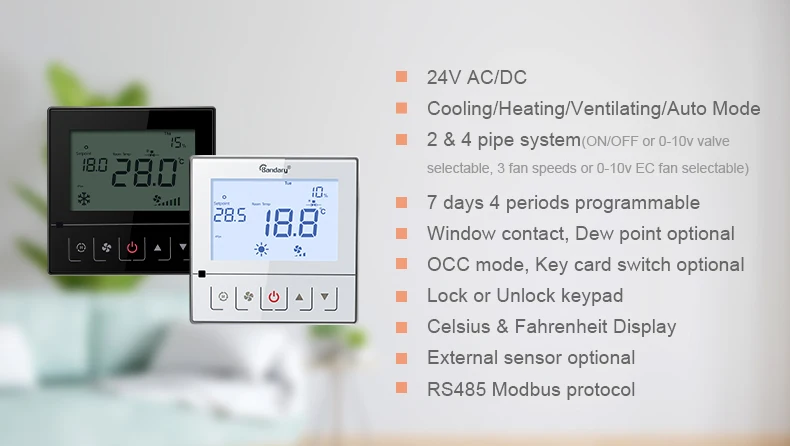 Bandary 220v 24volts 0-10v modbus thermostat havc fan coil smart digital room thermostat