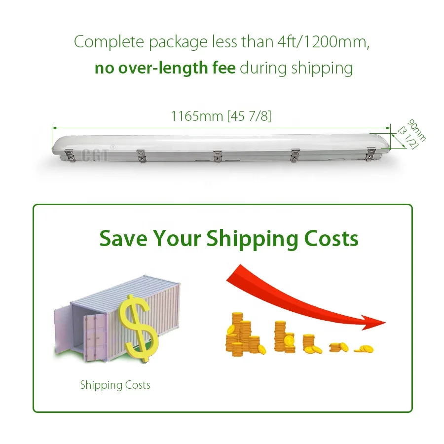 4ft 40W 6000lm Waterproof Shop IP65 Industrial Tri Proof Linear Led Vapor Tight Light Fixture With 5 Years Warranty