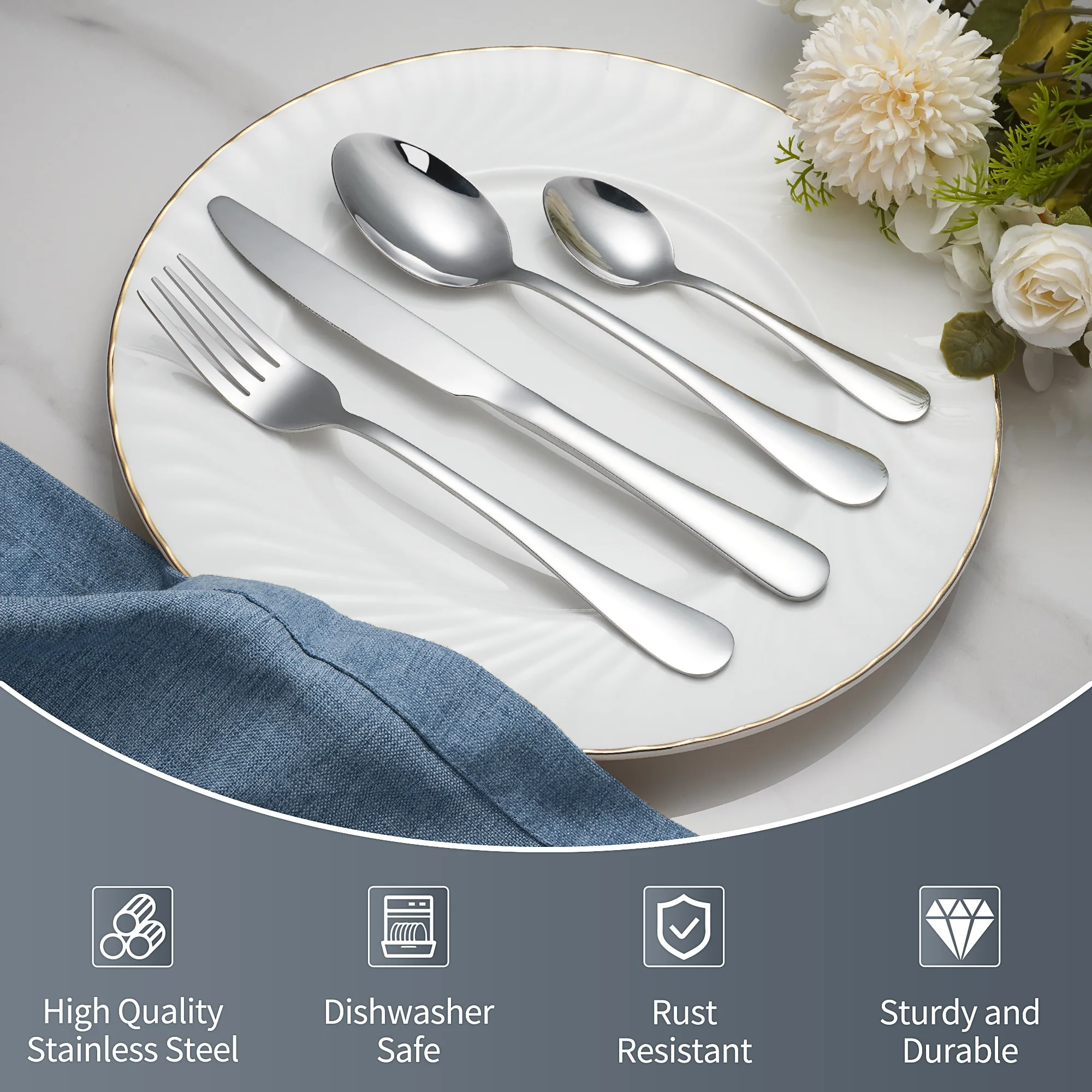 16/24 PCS Hot Sale Silver Knife Fork Spoon Metal Silverware Stainless Steel Cutlery Mirror Polish Flatware Set For Restaurant