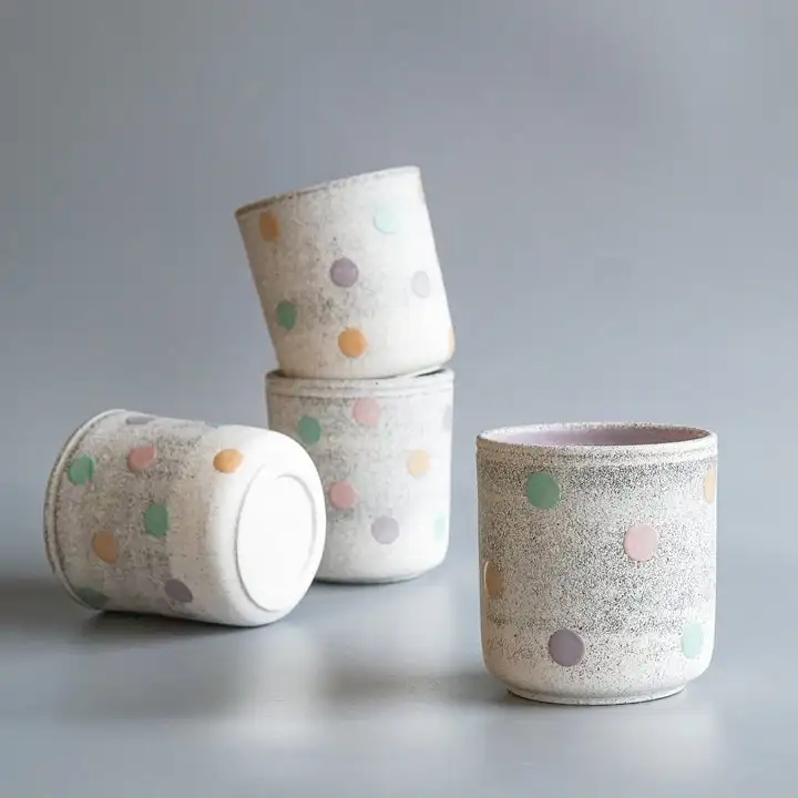 New Product Purple Interior Coffee Cup Handmade Colorful Polka Dot Clay Pottery Drink Water Tea Mug