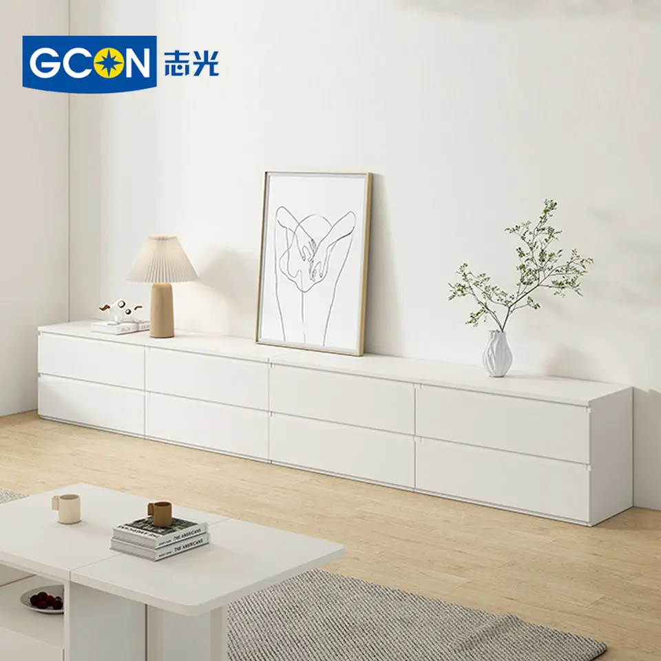 Handleless TV Cabinet White Floor Television Stand Wooden Living Room Luxury Furniture for Modern Homes