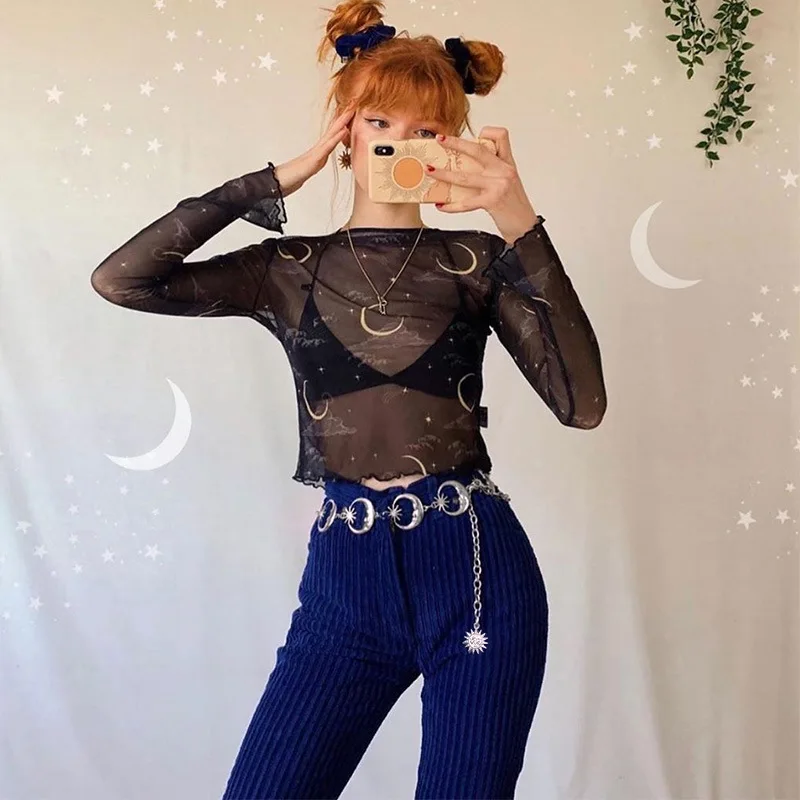 Ecowalson Harajuku Punk Moon Metal Belts Women Vintage High Waist Chain Gothic Sun Sliver Pendant