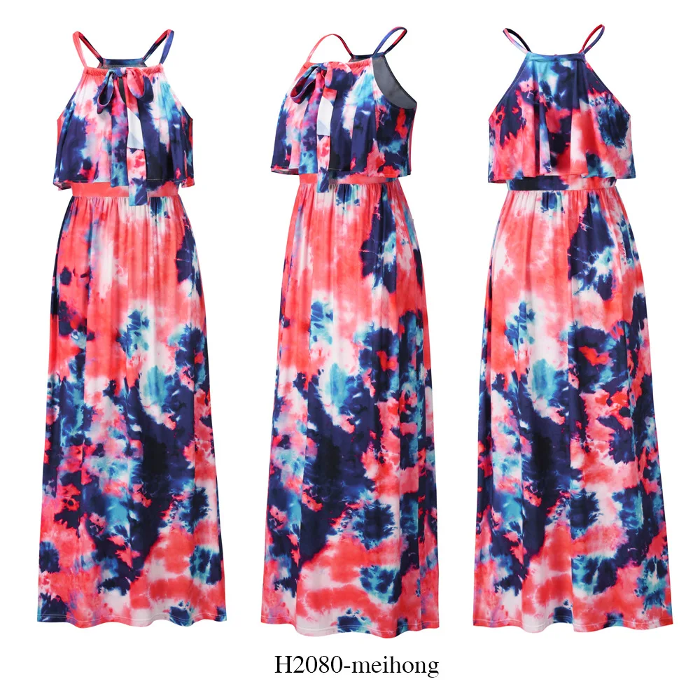 
Hot Sale Tie Dye Print Summer Maxi Dress Long Loose Style Slips Beach Sundress With Ruffles 