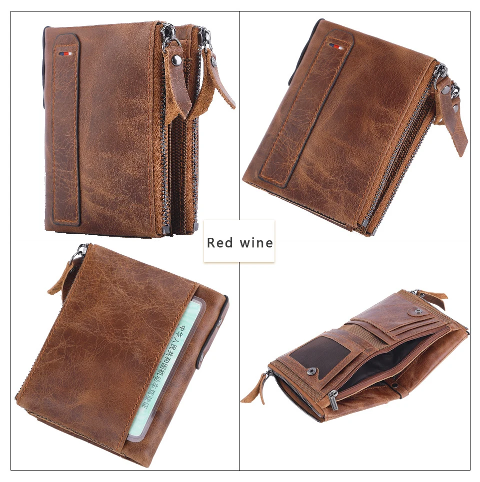 Carteras Genuine leather men wallet Short fashion coin wallet Crazy Horse cowhide double zip money clip porte feuille homme cuir