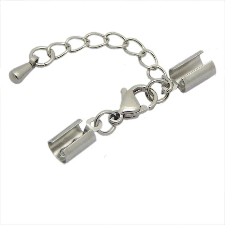 S851 Stainless steel lobster clasps and crimp ends set for leather cord, Stainless steel crimp ends with lobster clasps
