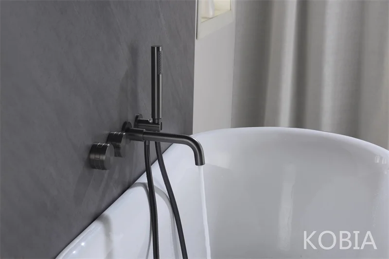 High Flow Matte in Wall Black Bathtub Faucet Wall Mount Waterfall Tub Filler Faucet with Hand Shower