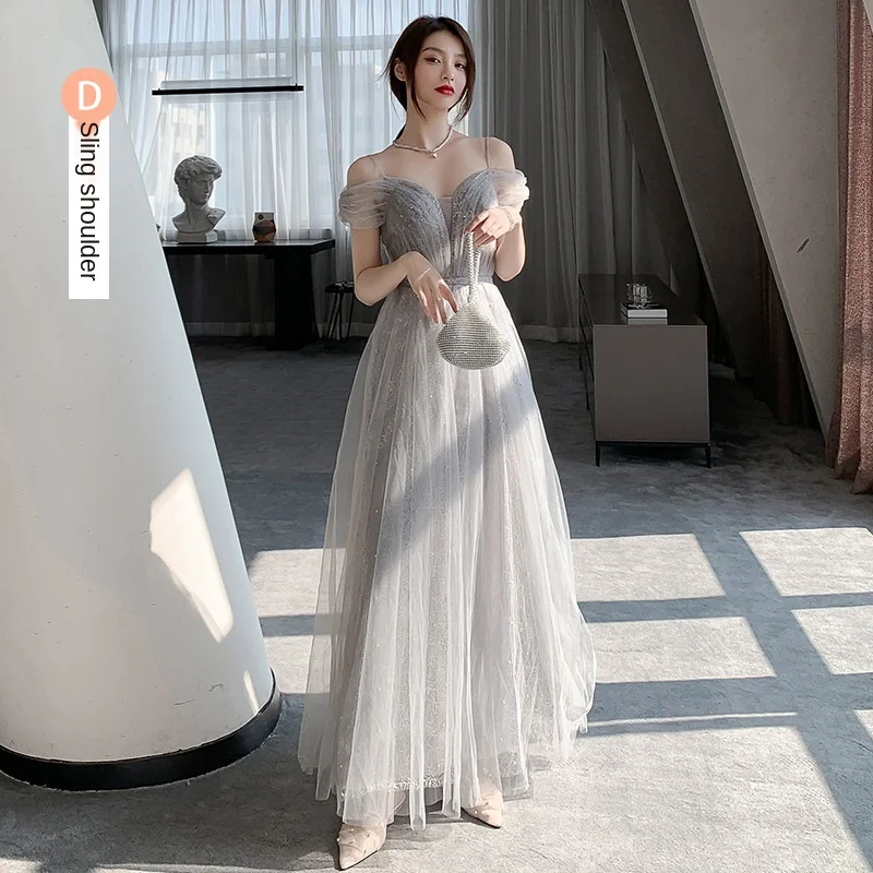 Grey Glittering  Bridesmaid Wedding Dress Women Fairy 2021 Sisters Long Flare Satin Tulle Evening Dress